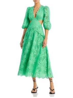 FARM Rio Mint Green Eyelet Midi Dress with Puff Sleeves